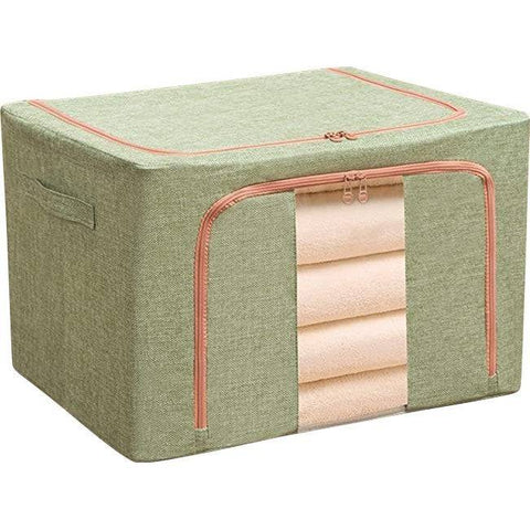 Cutie de Depozitare Pliabila, Flippy, 24 L, din Bumbac si In, 40x30x20 cm, Fereastra Frontala, 2 Usi de Acces cu Fermoar Bidirectional, Cadru Metalic, Suport Baza Stabil din Plastic, Verde - TrendyZ