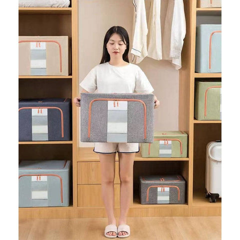 Cutie de Depozitare Pliabila, Flippy, 24 L, din Bumbac si In, 40x30x20 cm, Fereastra Frontala, 2 Usi de Acces cu Fermoar Bidirectional, Cadru Metalic, Suport Baza Stabil din Plastic, Verde - TrendyZ