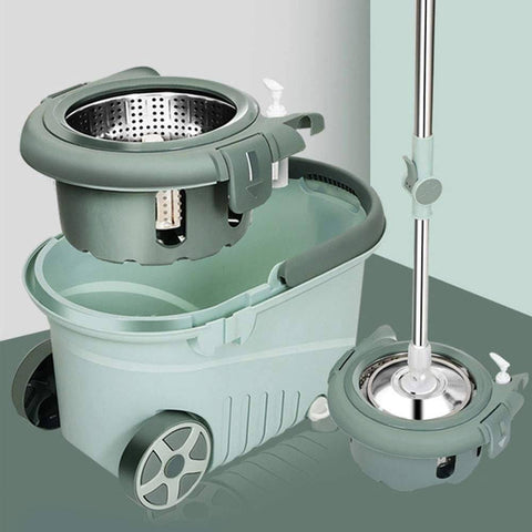 Set mop rotativ cu galeata Flippy, material plastic si microfibra, o rezerva inclusa, rezistent, cu dop scurgere, vas detasabil, orificiu pentru solutie, pentru interior, capacitate 8 l, verde - TrendyZ
