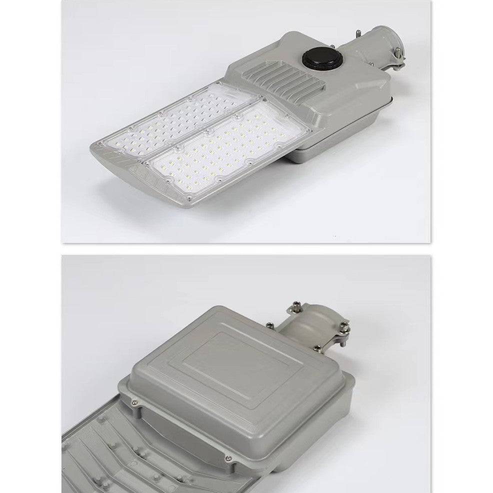 Lampa solara stradala Flippy, pentru curte sau strada, cu doua grile, finisaj mat, rezistent la apa, montare prin fixare, senzor lumina, baterie de litiu, IP65, lumina rece, putere 300W, autonomie 10 ore, 51.5 x 21 cm, gri - TrendyZ