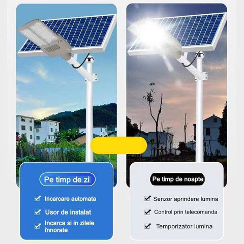 Lampa solara stradala Flippy, pentru curte sau strada, cu doua grile, finisaj mat, rezistent la apa, montare prin fixare, senzor lumina, baterie de litiu, IP65, lumina rece, putere 300W, autonomie 10 ore, 51.5 x 21 cm, gri - TrendyZ