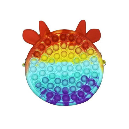 Jucarie antistres din silicon Flippy, Geanta Pop It, Vacuta, 16 cm, Curcubeu - TrendyZ