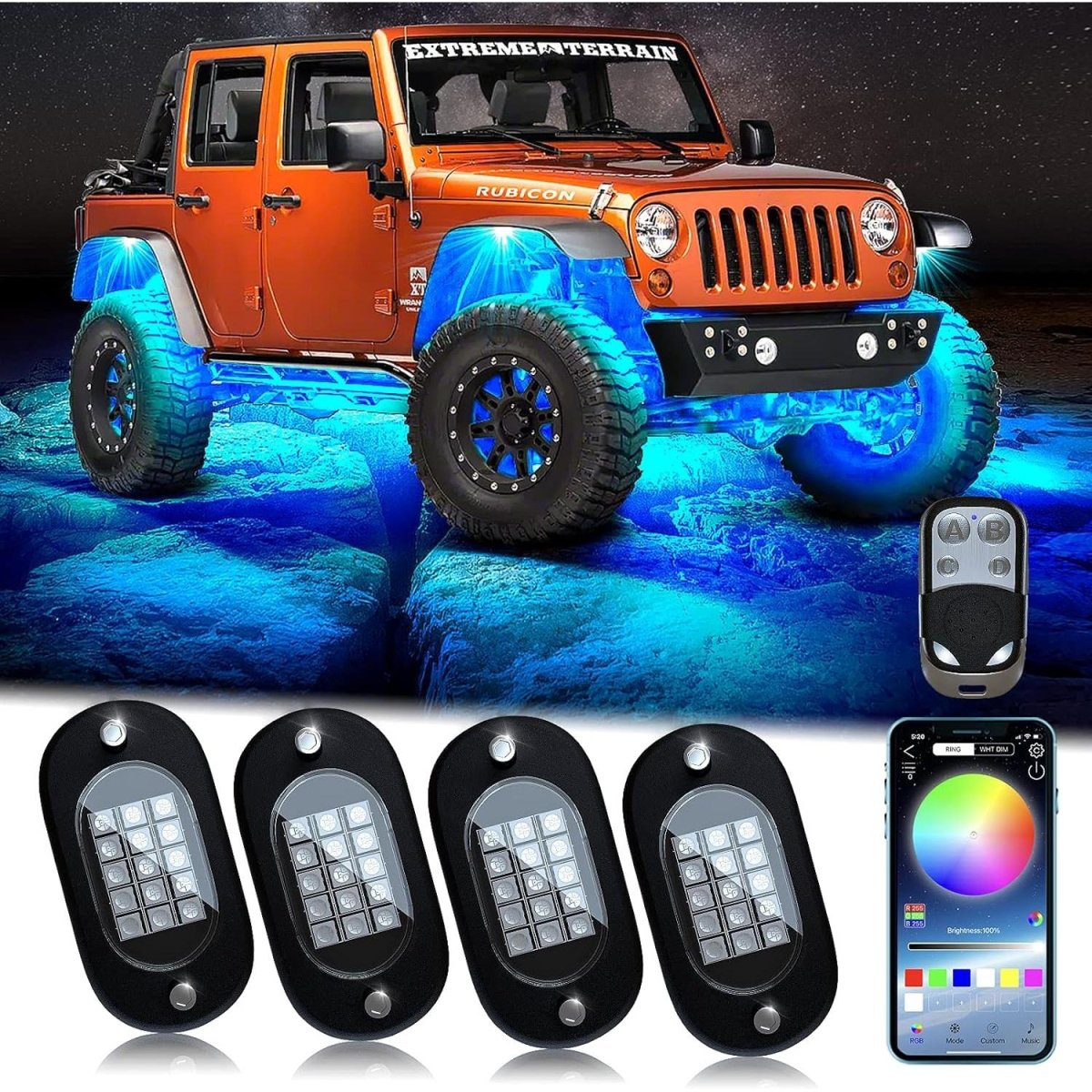 Kit 4 Lumini Ambientale RGB, model "ROCK LIGHT" cu telecomanda si aplicatie telefon, destinate Off-Road, ATV, SSV - TrendyZ