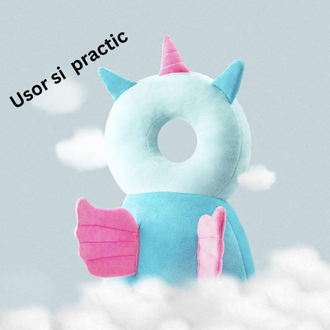 Perna tip Rucsac pentru Protectia Capului, Flippy, Tetiera tip Unicorn, pentru Bebelusi, 33x6x19 cm, 180 g, Albastru