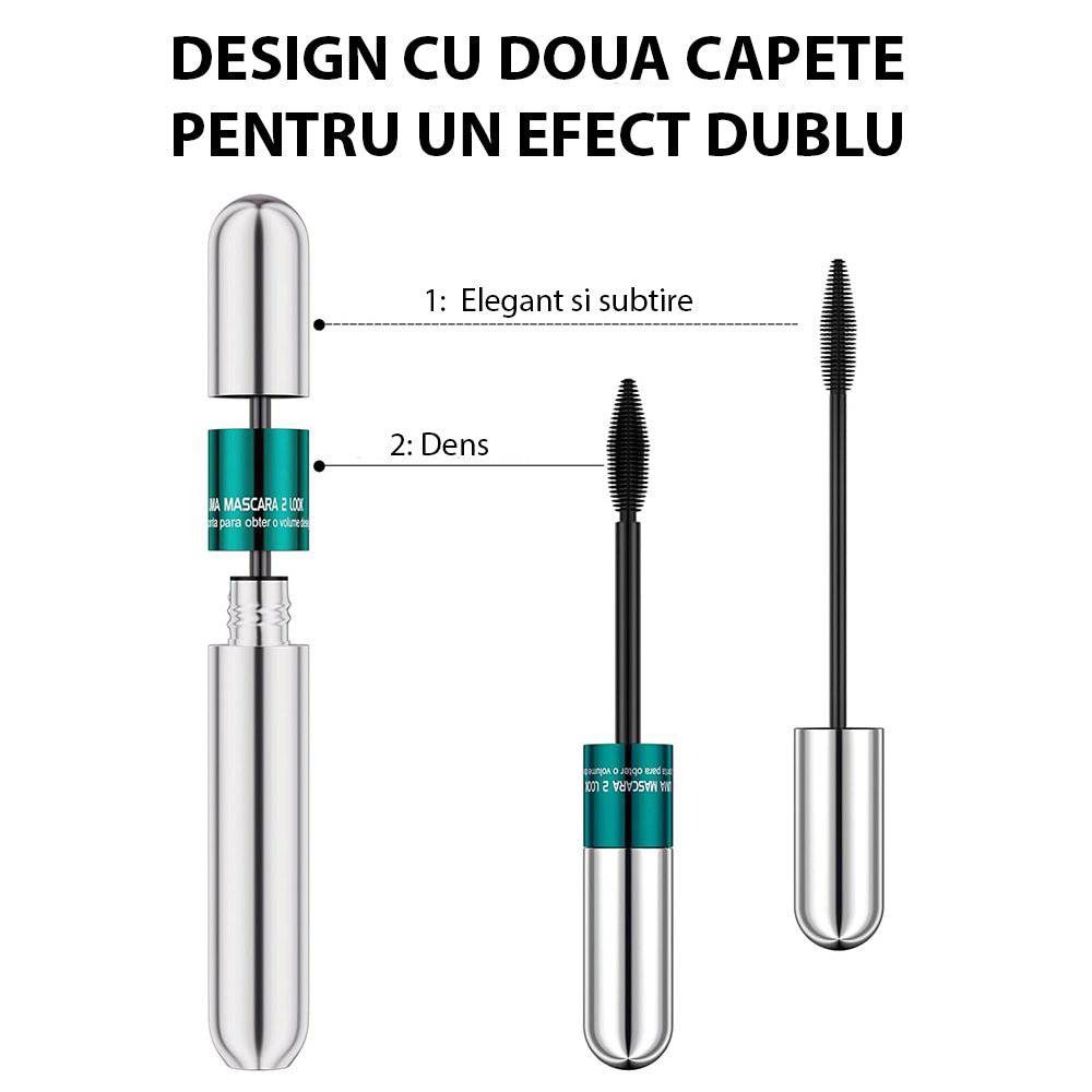 Mascara 4D 2 in 1 Silk Fiber, periuta cu cap dublu, waterproof, uscare rapida, 9 ml - TrendyZ