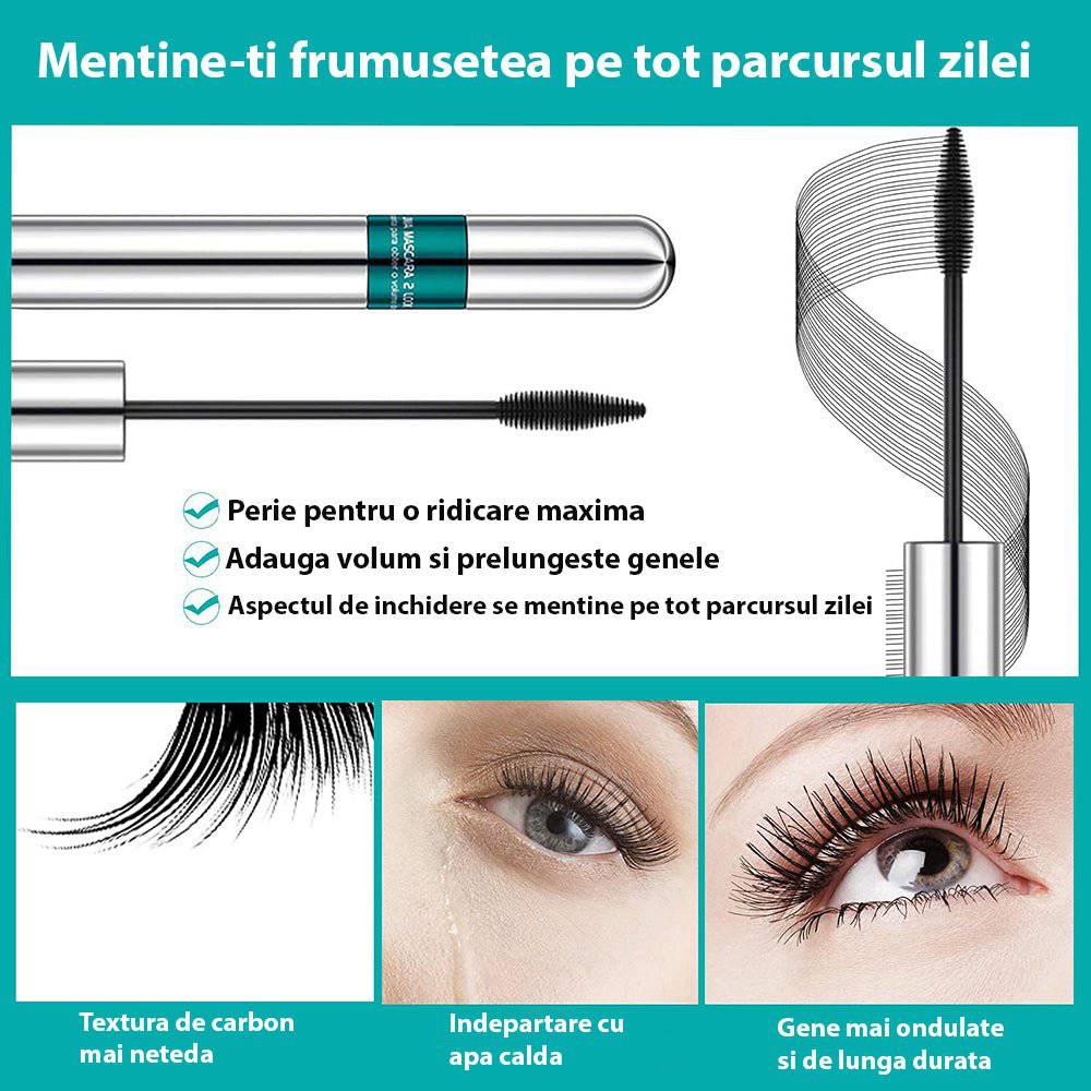 Mascara 4D 2 in 1 Silk Fiber, periuta cu cap dublu, waterproof, uscare rapida, 9 ml - TrendyZ