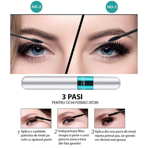 Mascara 4D 2 in 1 Silk Fiber, periuta cu cap dublu, waterproof, uscare rapida, 9 ml - TrendyZ